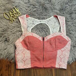 Pins & Needles Urban Outfitters Bustier Pink Open Back Front Zip Lace Crop Top M